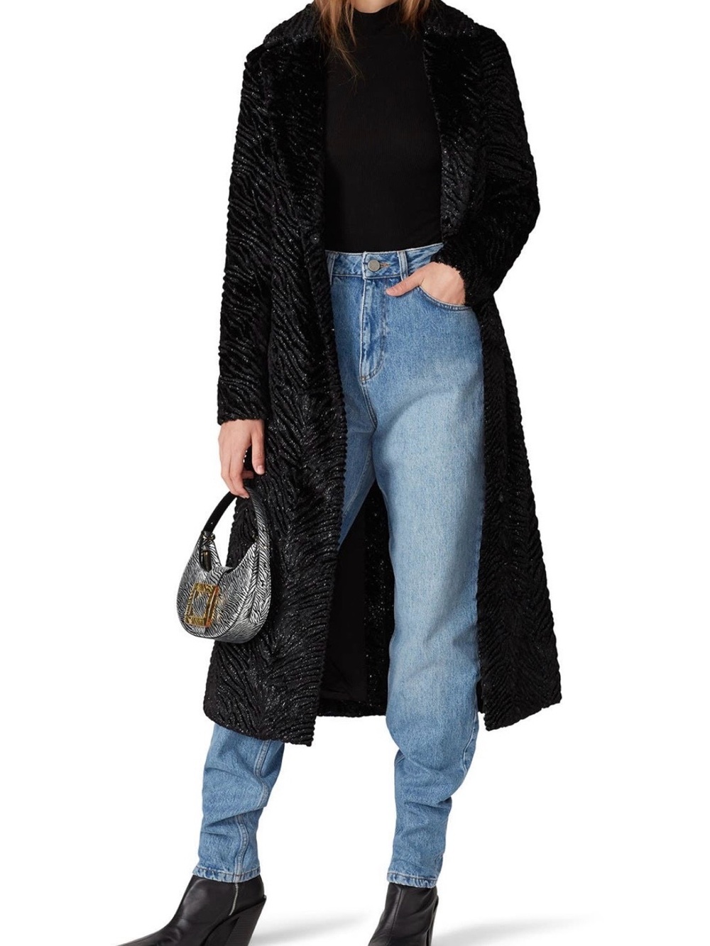 Unreal Fur Black Faux Fur Long Stardust Velvet Coat